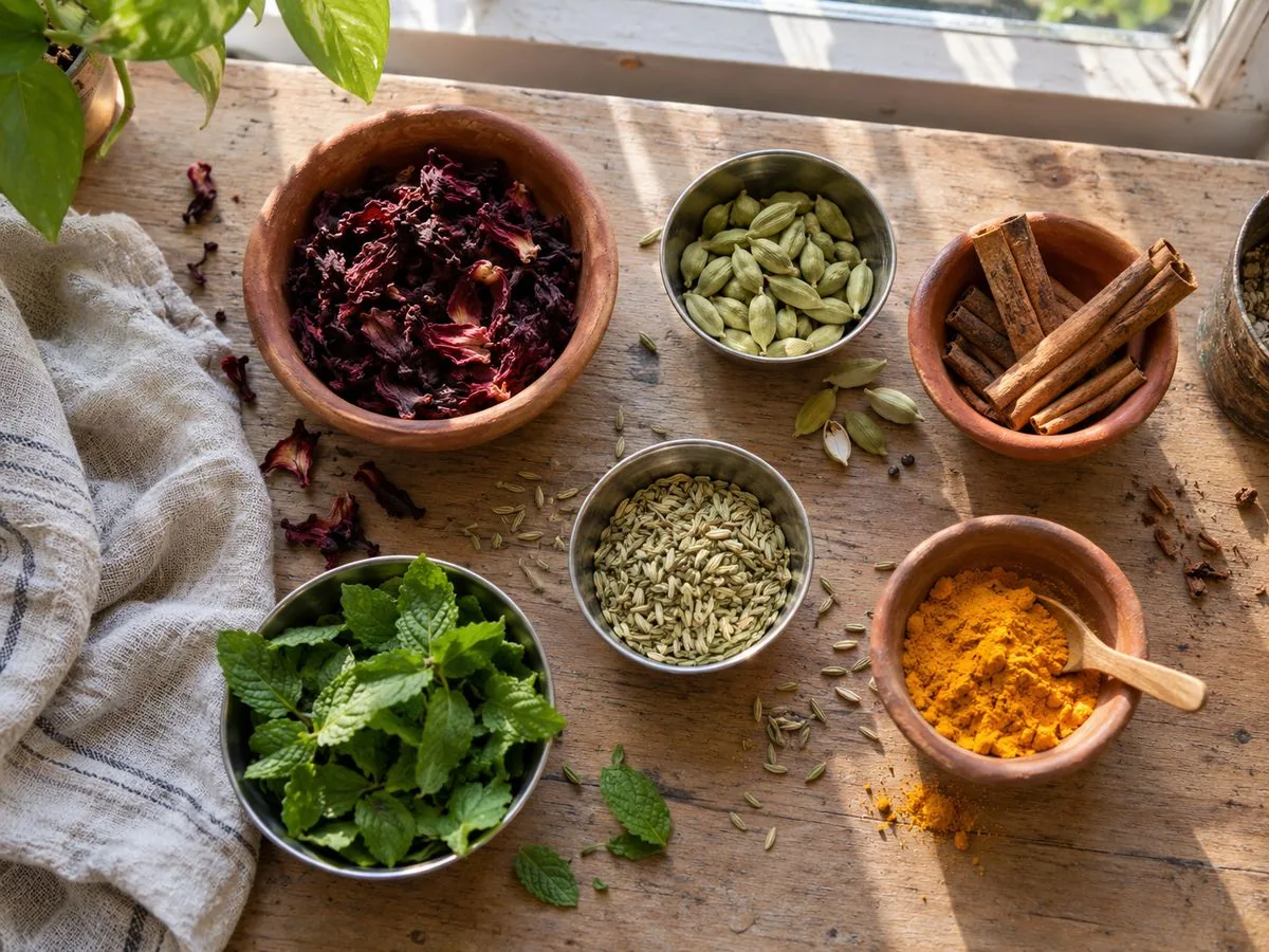 Bowls of whole herbs and spices